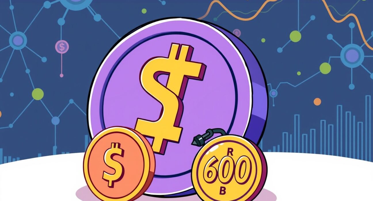 A cartoon illustrating JPMorgan's more realistic stablecoin market forecast versus an overly optimistic trillion-dollar projection.