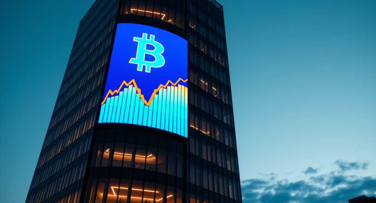 Corporate building with Bitcoin logo on digital screen at dusk