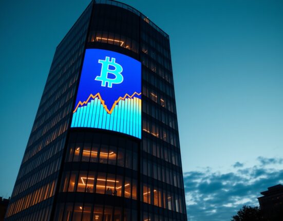 Corporate building with Bitcoin logo on digital screen at dusk