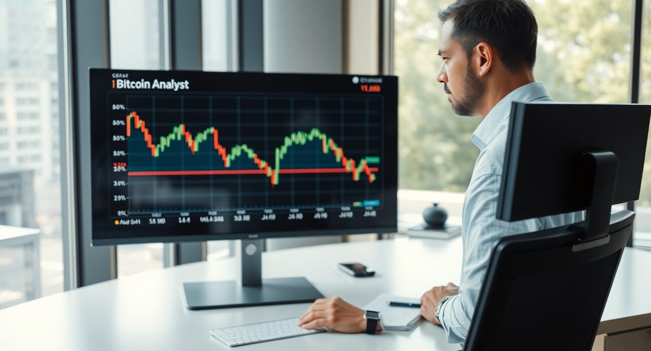 Financial analyst observing Bitcoin price charts on a digital screen in a modern office.