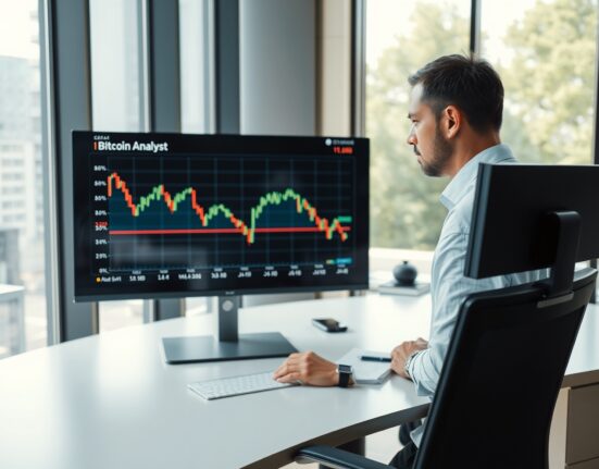 Financial analyst observing Bitcoin price charts on a digital screen in a modern office.