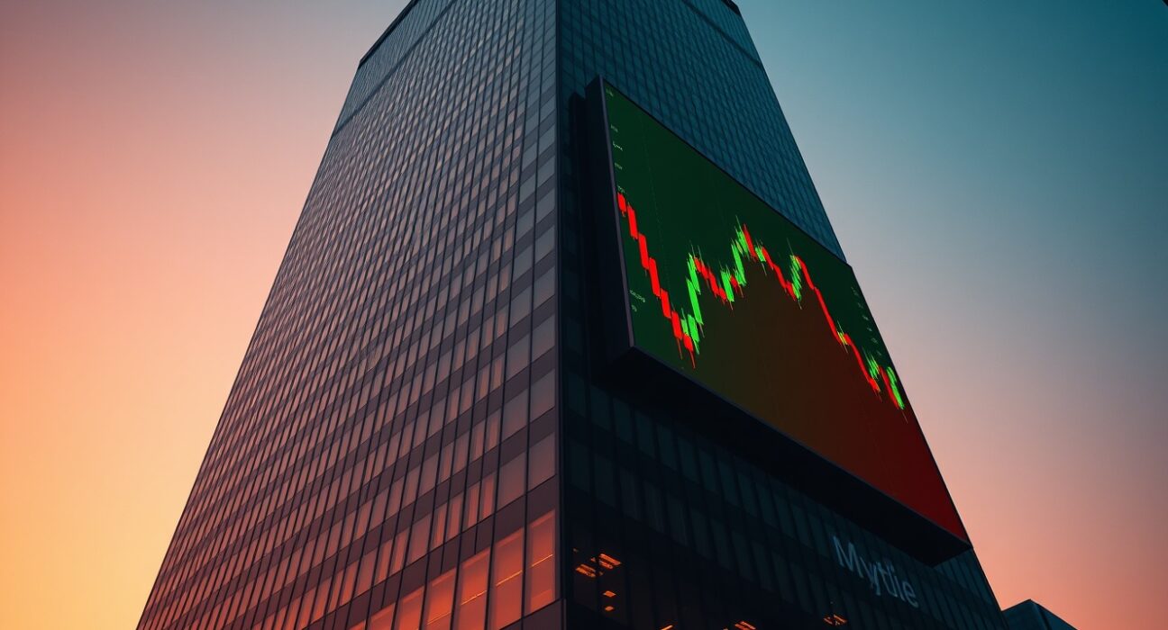 Financial district skyscraper with a digital billboard showing a volatile Bitcoin price chart at dusk
