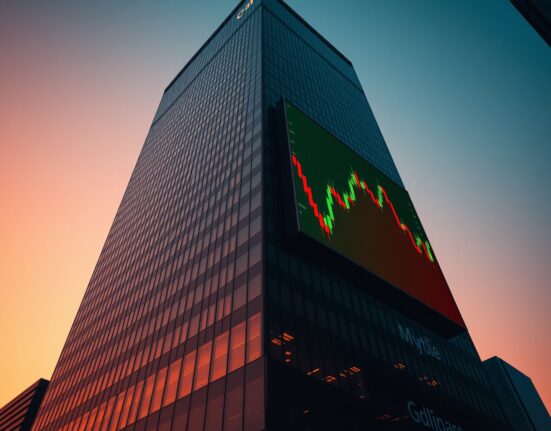 Financial district skyscraper with a digital billboard showing a volatile Bitcoin price chart at dusk