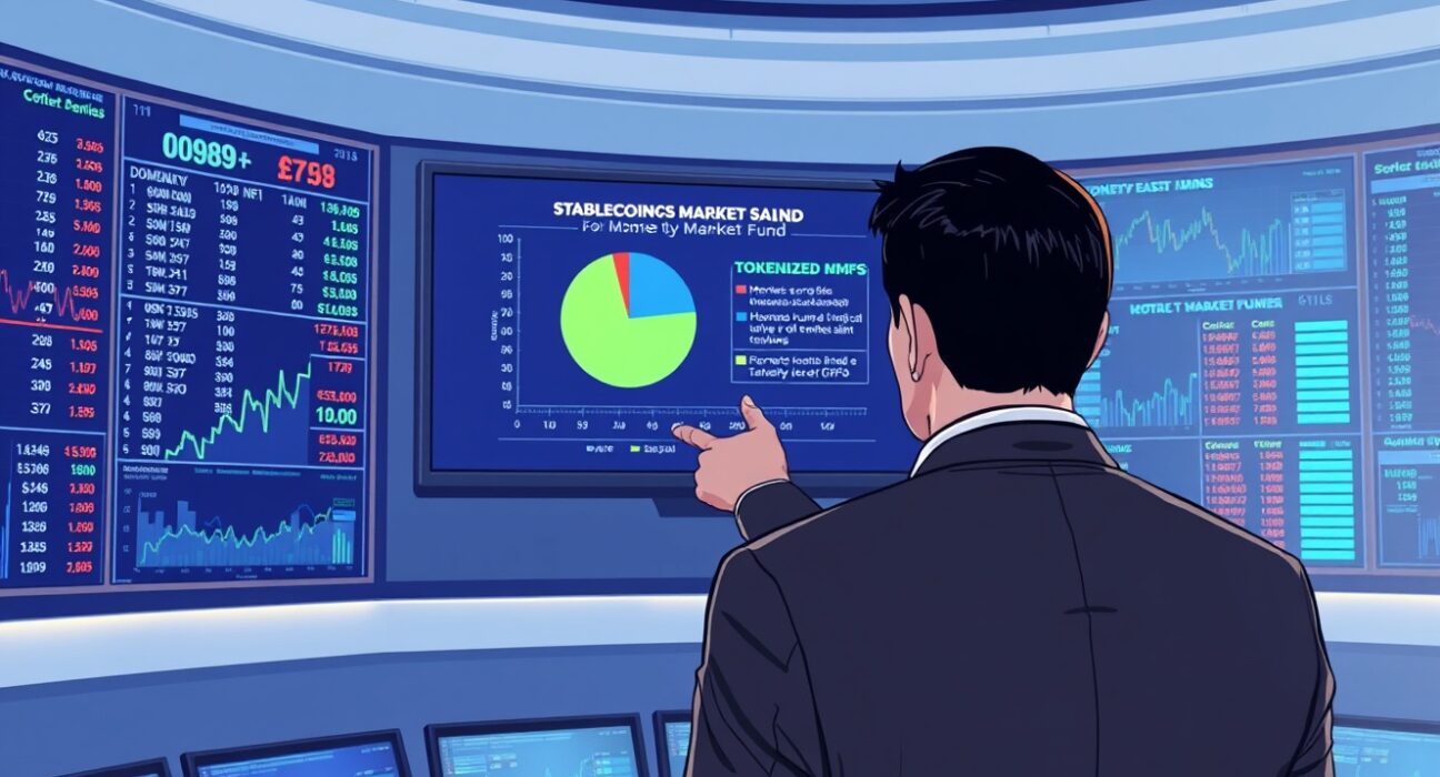 Analyst in control room pointing to chart comparing stablecoin and tokenized MMF market share