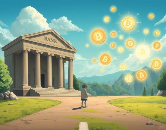 Symbolic Ghibli-style art representing the JPMorgan Trump accounts legal conflict between traditional banking and cryptocurrency.