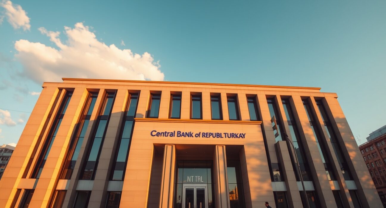 Central Bank of the Republic of Turkey headquarters in Ankara during golden hour.