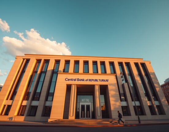 Central Bank of the Republic of Turkey headquarters in Ankara during golden hour.