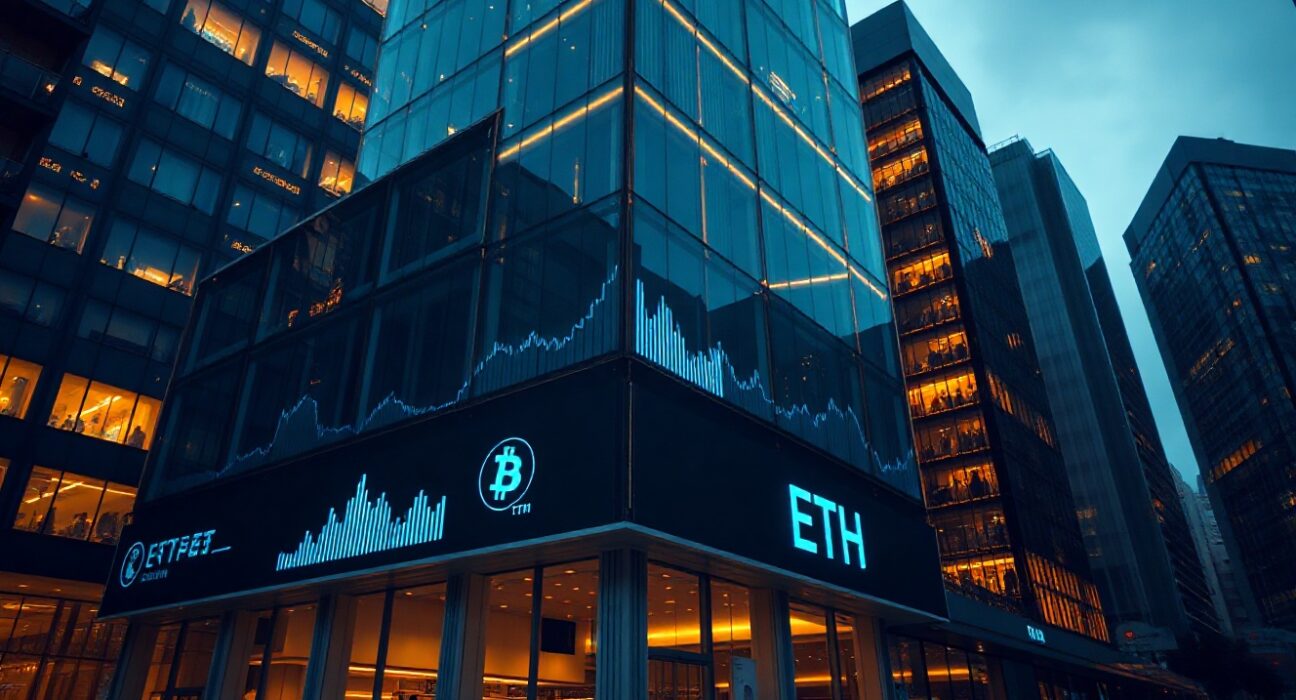 Modern financial building in Hong Kong Central district with digital crypto chart overlay