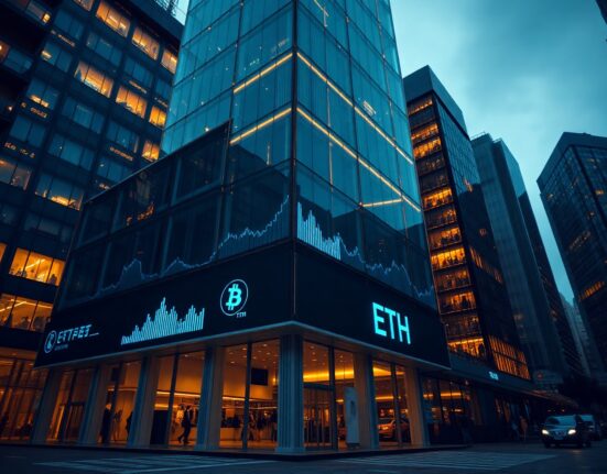 Modern financial building in Hong Kong Central district with digital crypto chart overlay