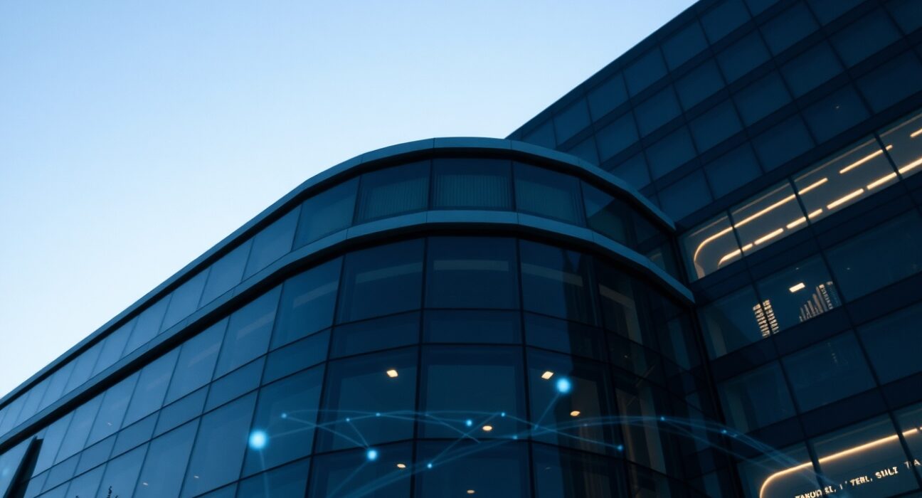 JPMorgan bank building at dusk with digital network overlays representing digital asset regulation concerns