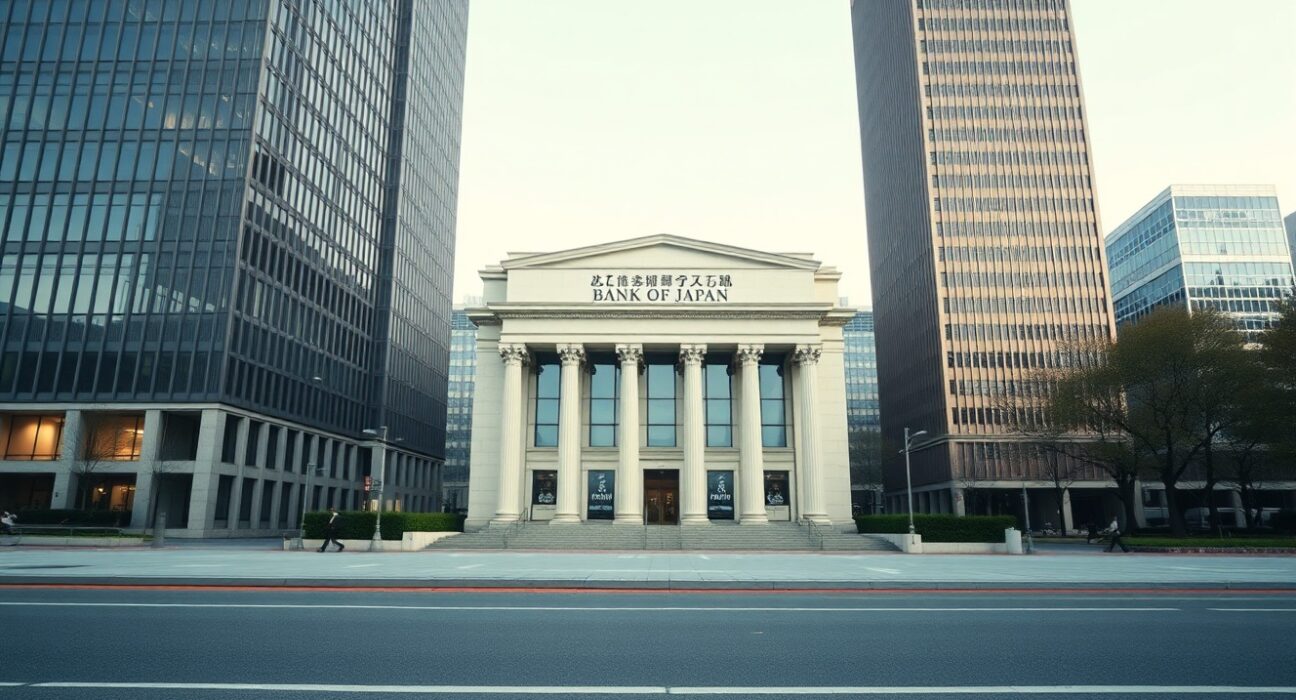 Bank of Japan building in Tokyo, representing the hawkish BoJ hold that shapes the JPY rate path, as analyzed by DBS.