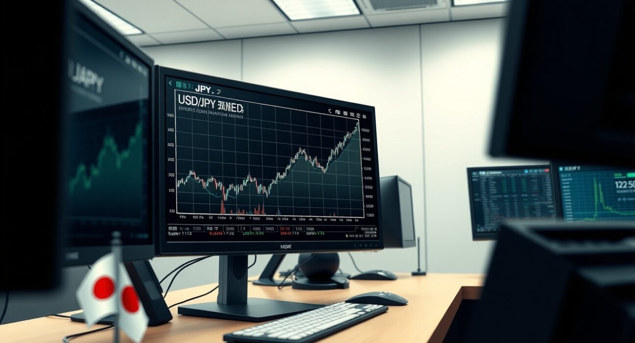 Financial trading desk showing USD/JPY currency chart analysis during market volatility