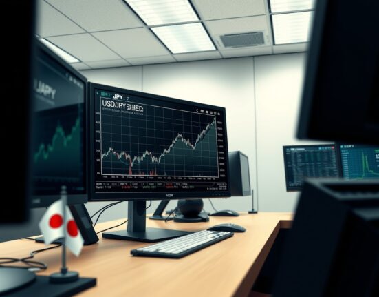 Financial trading desk showing USD/JPY currency chart analysis during market volatility