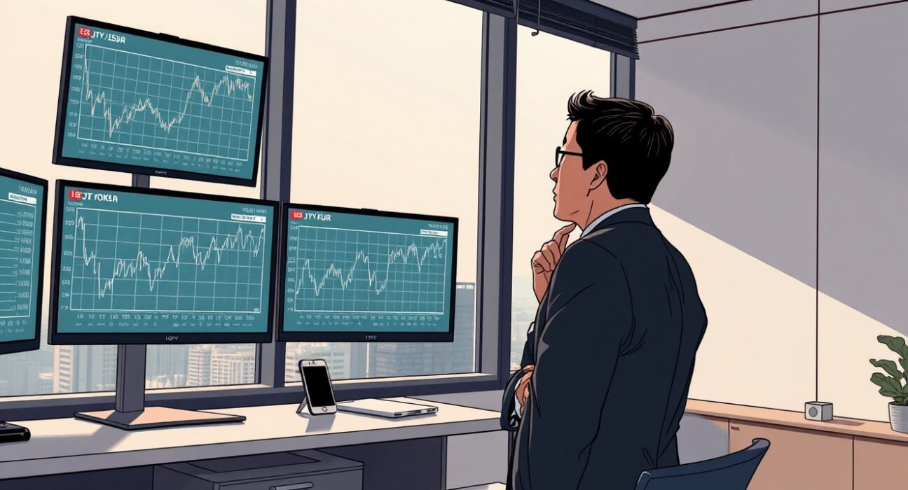 Financial analyst examines JPY exchange rate charts and Bank of Japan policy data in Tokyo office setting