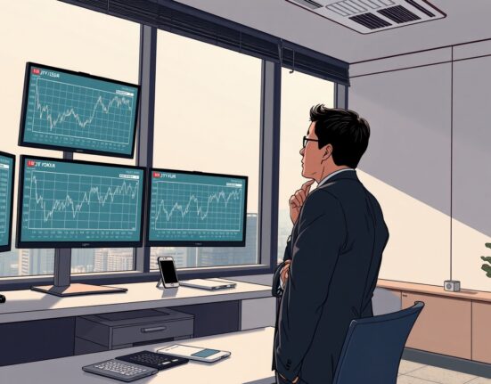 Financial analyst examines JPY exchange rate charts and Bank of Japan policy data in Tokyo office setting