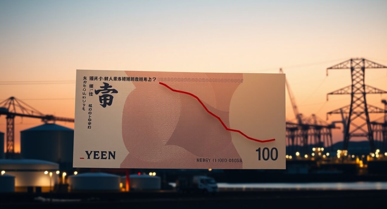 Analysis of Japanese yen currency pressure from Japan's energy shock with declining trend graph.