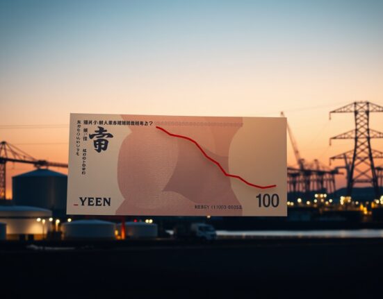 Analysis of Japanese yen currency pressure from Japan's energy shock with declining trend graph.