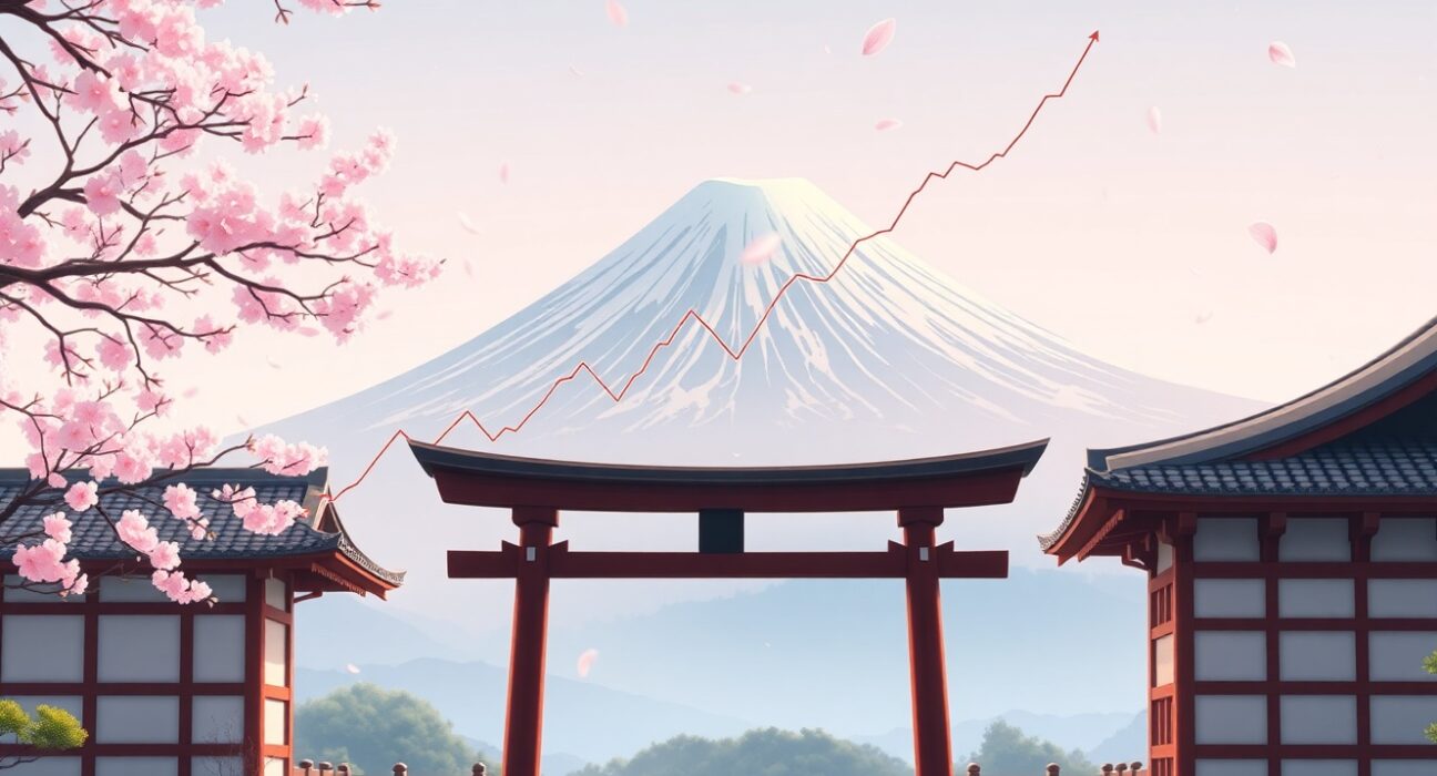 JPY currency stabilization amid Japan's political shift visualized through symbolic Ghibli-style landscape