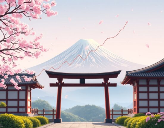JPY currency stabilization amid Japan's political shift visualized through symbolic Ghibli-style landscape