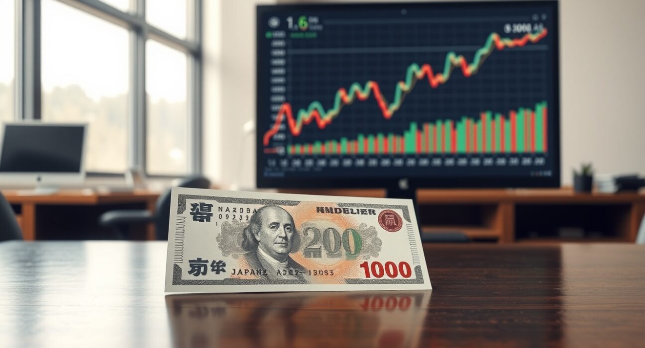 Japanese yen banknote with financial chart background illustrating MUFG analysis on contained volatility.