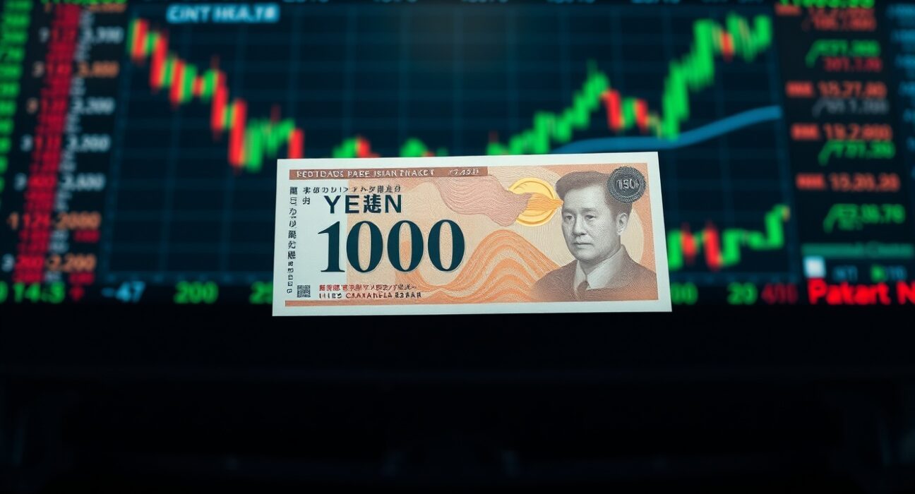 Japanese Yen banknote in focus with blurred financial charts in background representing safe-haven analysis and Danske Bank JPY forecast.