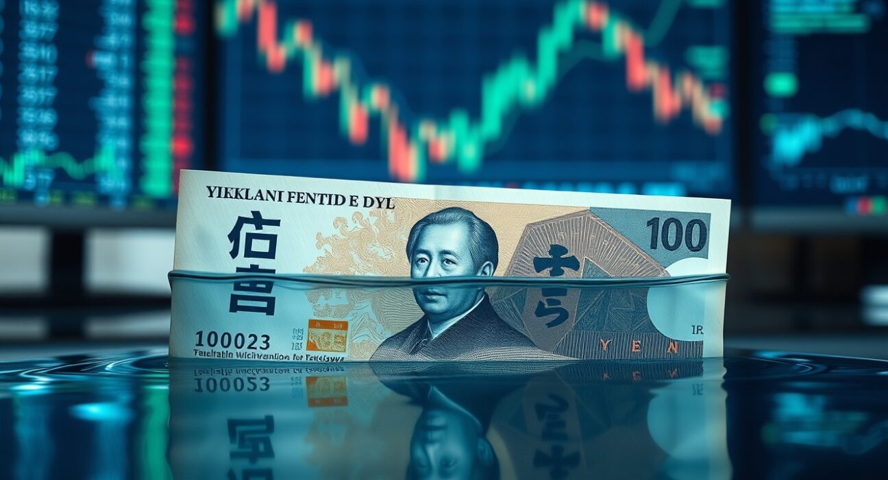 Japanese yen banknote on a financial desk with blurred forex charts in background