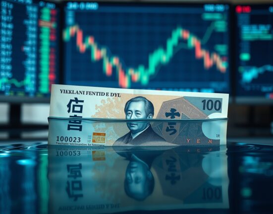 Japanese yen banknote on a financial desk with blurred forex charts in background