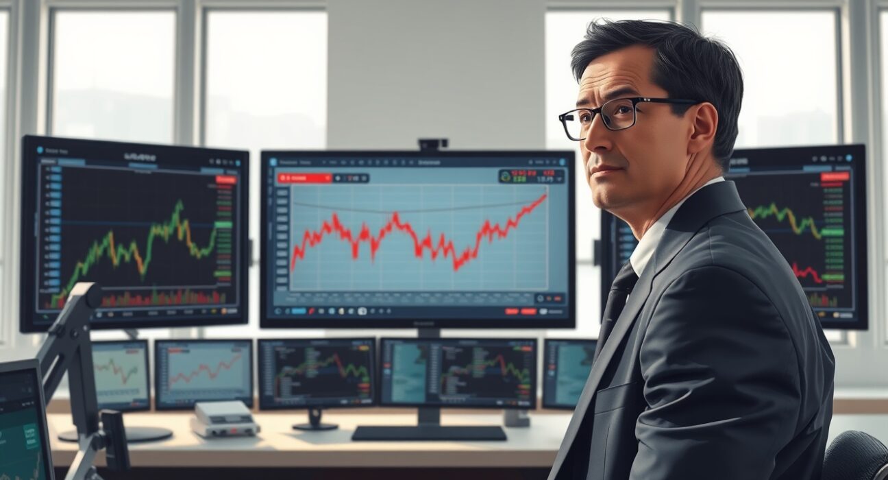Financial analyst examining JPY currency volatility charts in trading environment for market