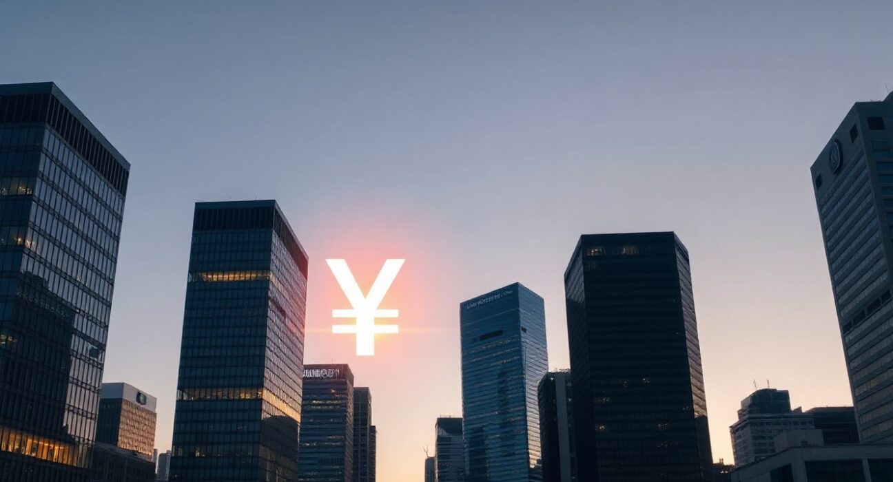 Tokyo financial district skyline with digital yen symbol overlay representing JPYC's stablecoin funding.