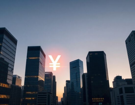 Tokyo financial district skyline with digital yen symbol overlay representing JPYC's stablecoin funding.