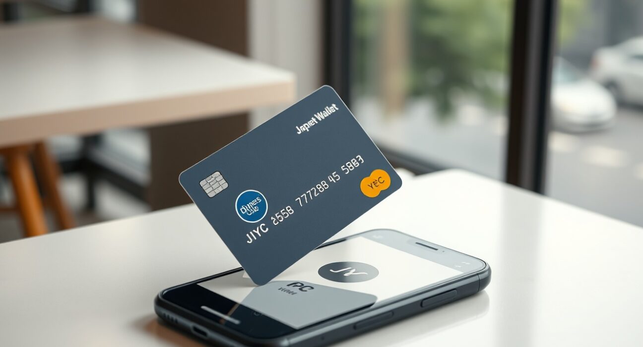 Credit card and smartphone showing JPYC stablecoin wallet interface in a Tokyo café