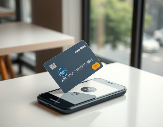 Credit card and smartphone showing JPYC stablecoin wallet interface in a Tokyo café