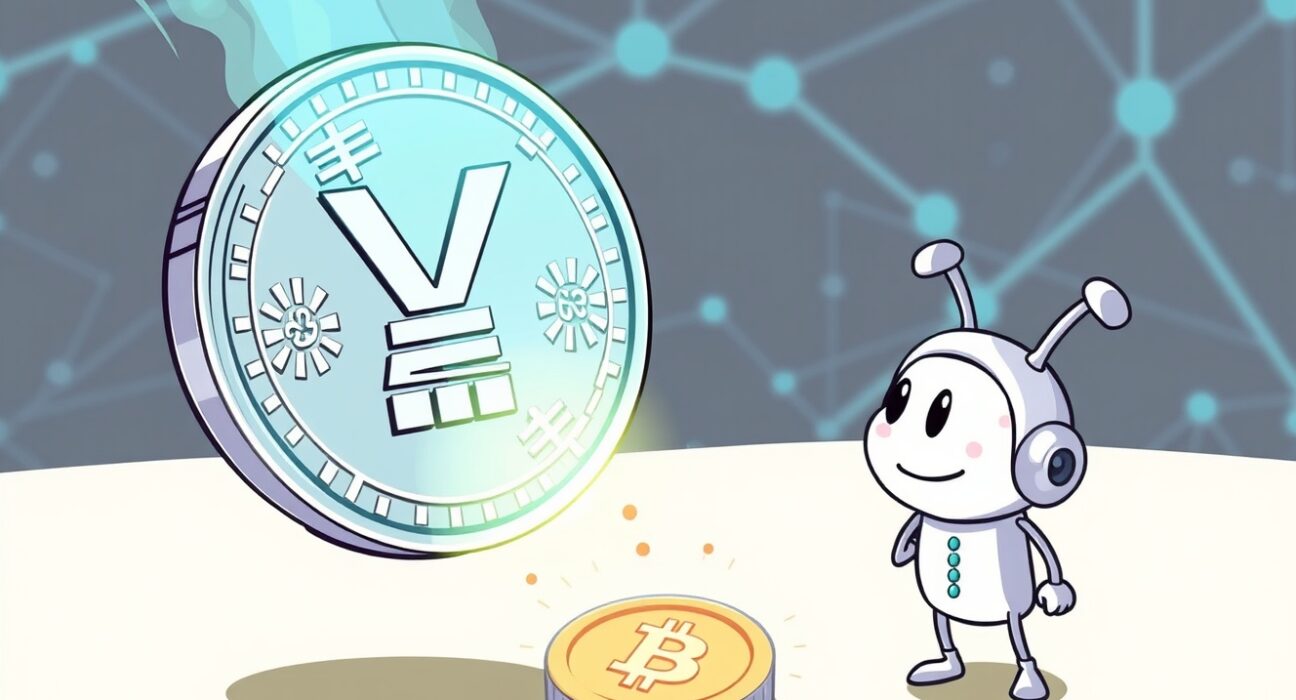 A cartoon illustration showing a Japanese yen coin becoming a digital JPYC stablecoin, symbolizing innovation in finance.