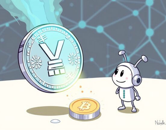 A cartoon illustration showing a Japanese yen coin becoming a digital JPYC stablecoin, symbolizing innovation in finance.