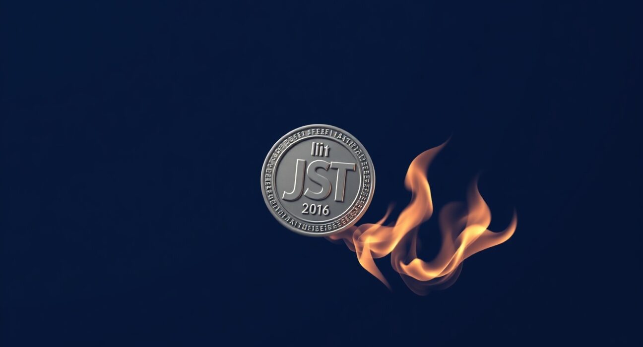 JST token undergoing a digital burn process, representing the JustLend DAO's buyback and burn program.