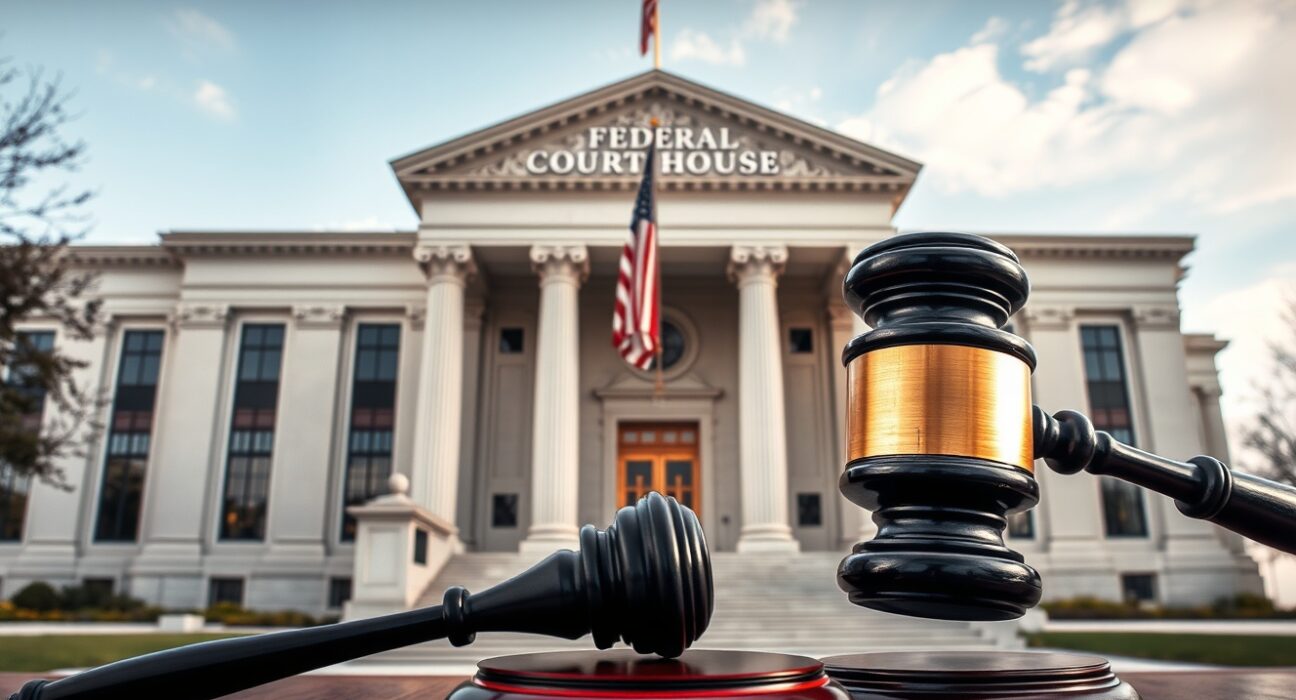 Federal courthouse in Minnesota with a gavel, representing the judge's ruling on xAI's lawsuit