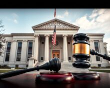 Federal courthouse in Minnesota with a gavel, representing the judge's ruling on xAI's lawsuit