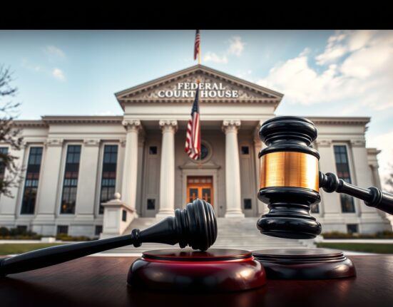 Federal courthouse in Minnesota with a gavel, representing the judge's ruling on xAI's lawsuit