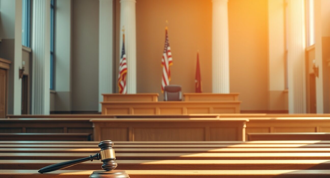 Federal courtroom with judge's bench and American flag, representing legal proceedings in the Anthropic case