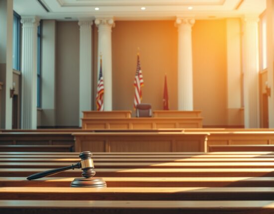 Federal courtroom with judge's bench and American flag, representing legal proceedings in the Anthropic case