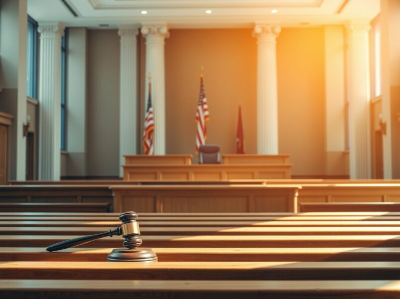 Federal courtroom with judge's bench and American flag, representing legal proceedings in the Anthropic case