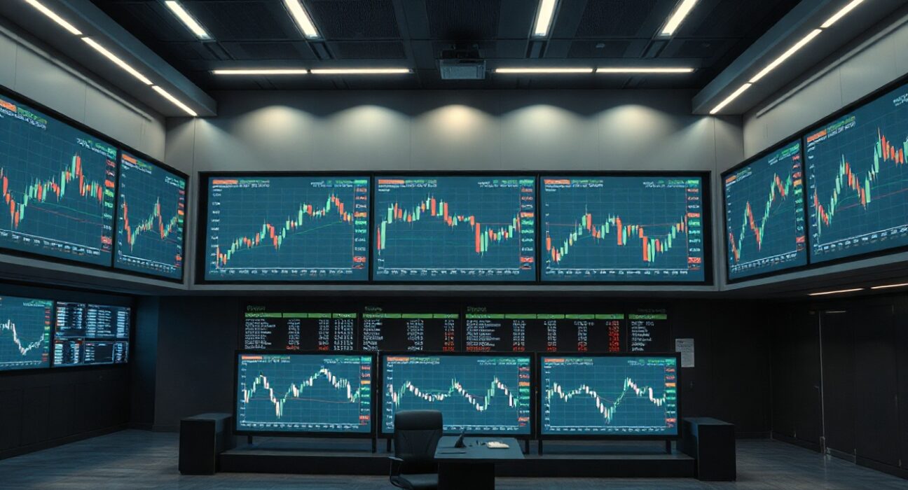 Cryptocurrency exchange trading dashboard showing declining volume charts