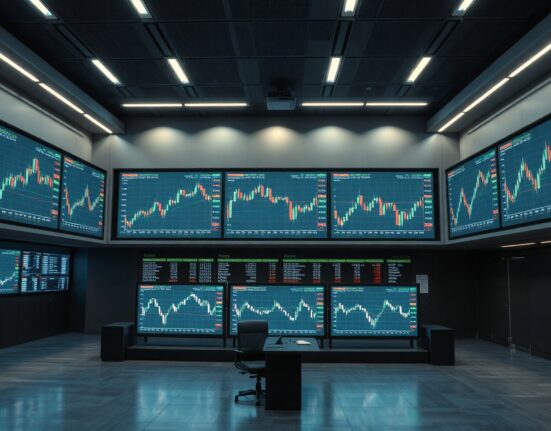 Cryptocurrency exchange trading dashboard showing declining volume charts