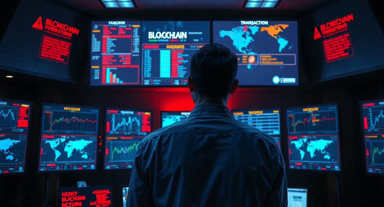 Cybersecurity analyst monitoring blockchain network activity in a security operations center.