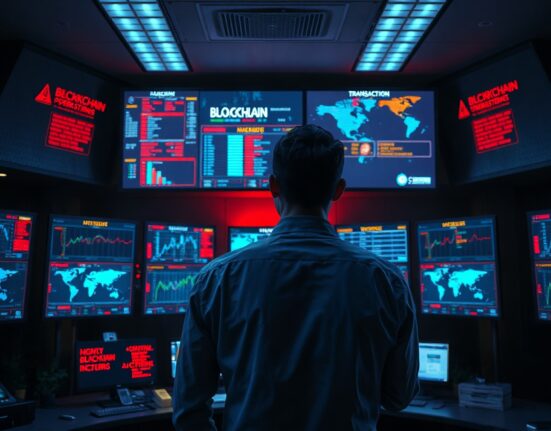 Cybersecurity analyst monitoring blockchain network activity in a security operations center.