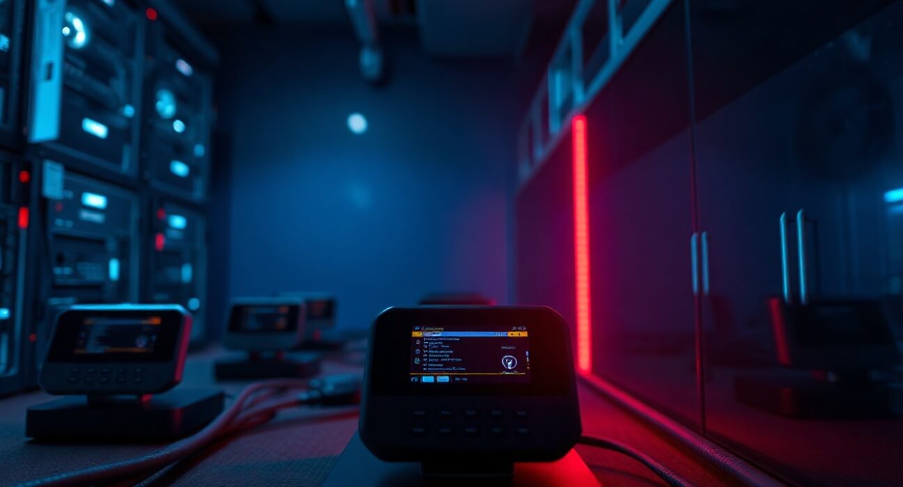 Hardware wallets in a server room with one device highlighted in red to represent a security breach