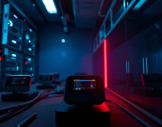 Hardware wallets in a server room with one device highlighted in red to represent a security breach