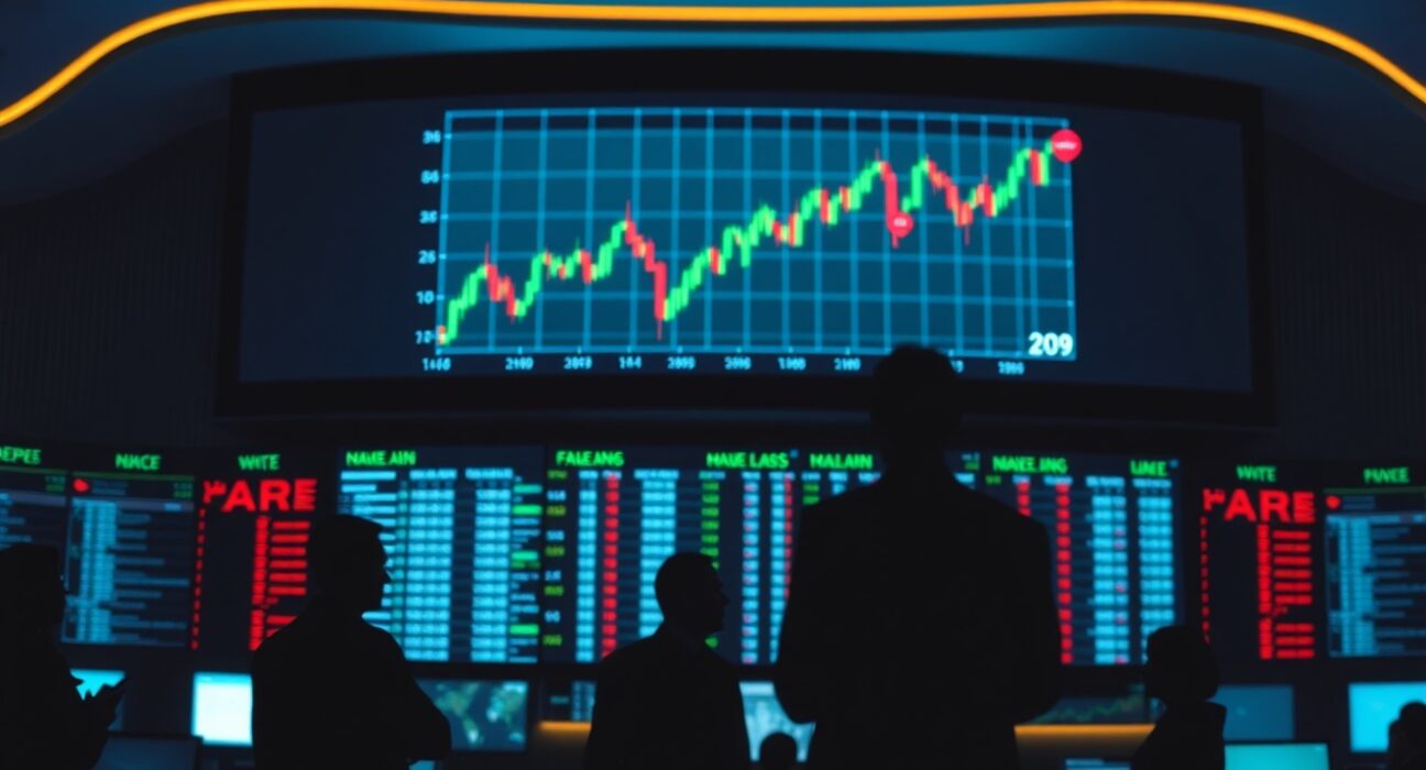 Analysts observing a stock market chart with an upward trend on a digital display.