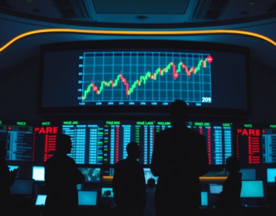 Analysts observing a stock market chart with an upward trend on a digital display.