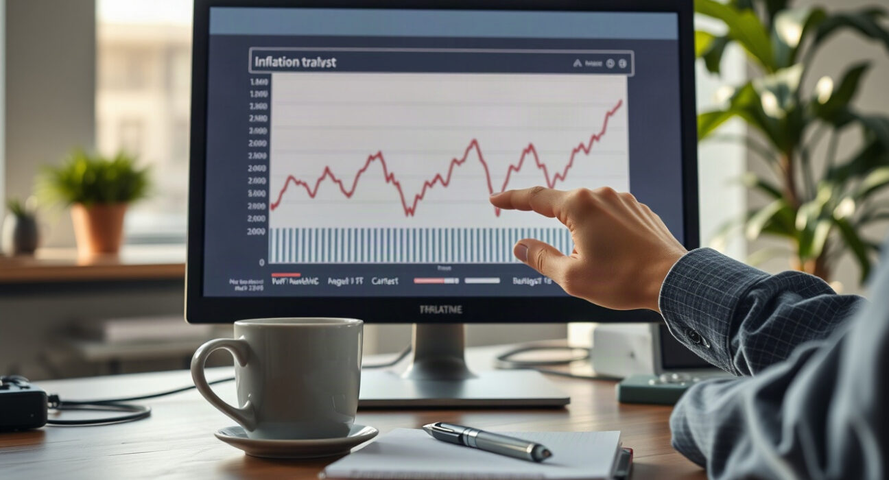 Financial analyst reviewing inflation chart on computer monitor in newsroom